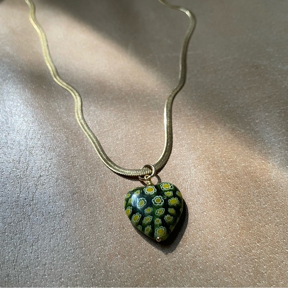 💚Green Heart Italian Millefiori glass bead snake chain herringbone gold plated - Picture 4 of 9